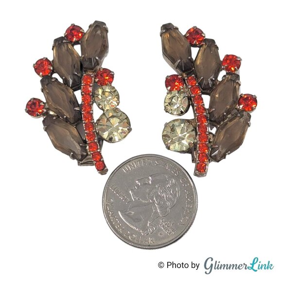 Vintage Juliana D&E Rhinestone Climber Clip On Earrings Smoky Topaz Orange - Picture 5 of 10
